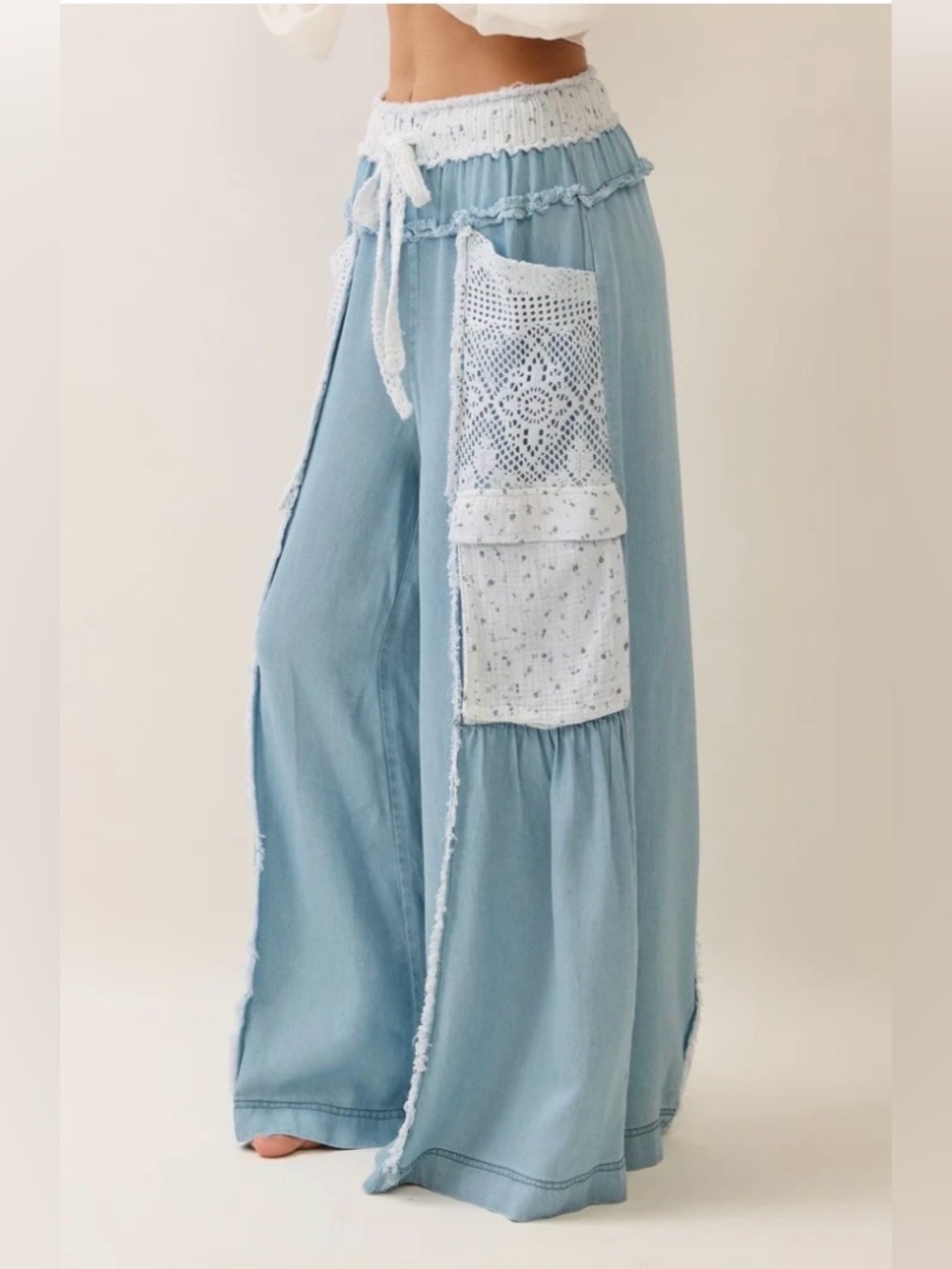 Oddi Wide-Leg Tencel Flowy Pants with Lace Pockets ~ Cream & Blue - Picture 2 of 10